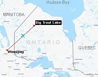 Map showing the route from Armstrong to Big Trout Lake
